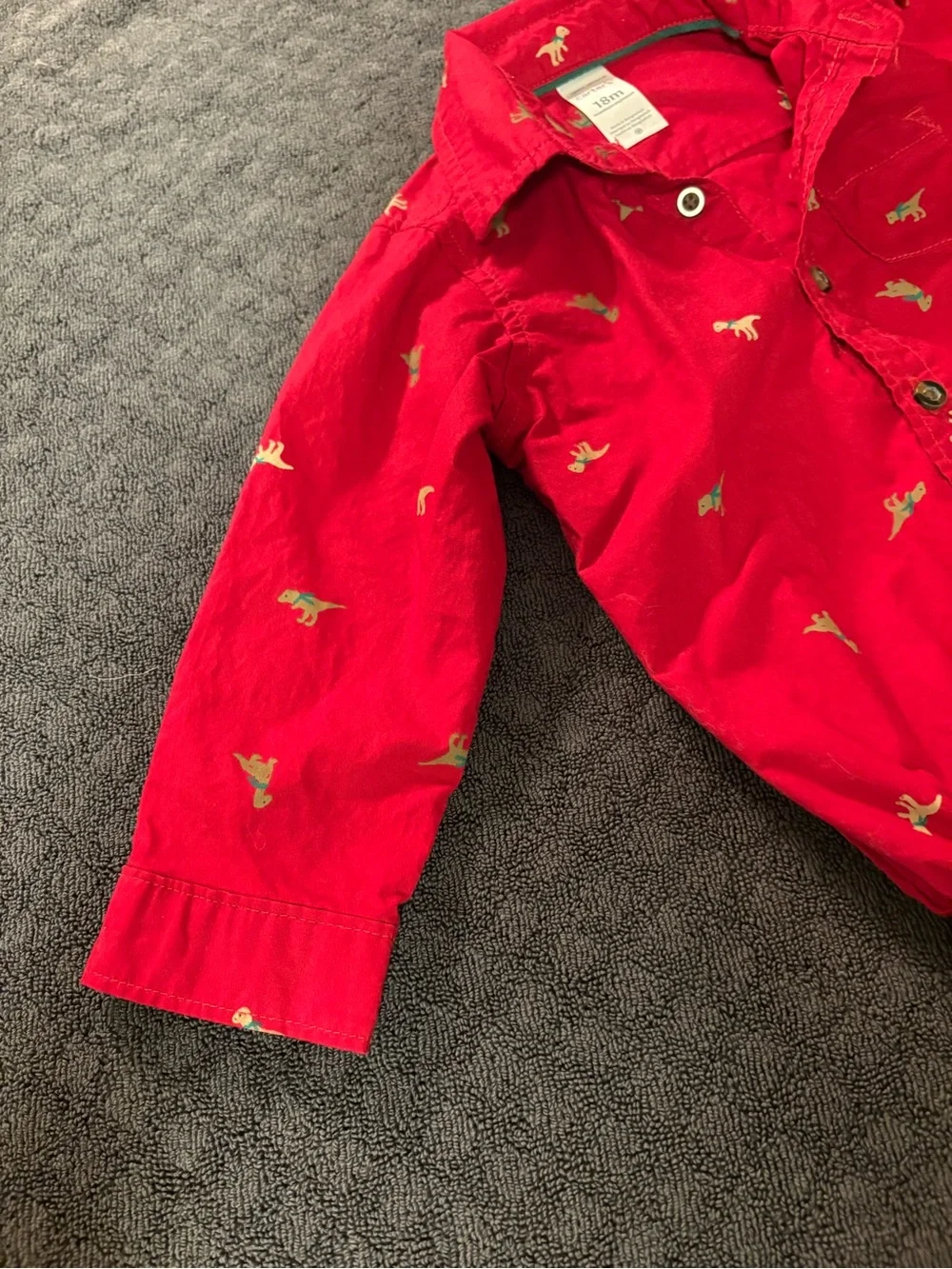 Carter's Red Button-Up One-Piece with‎ Dino Accents Size 18 months